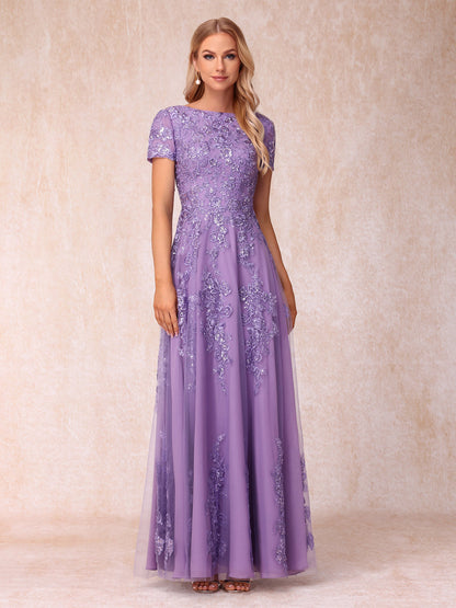 Corte A/Princesa com Decote Transparente e Mangas Curtas Vestidos Longos de Noite Formais com Apliques e Lantejoulas