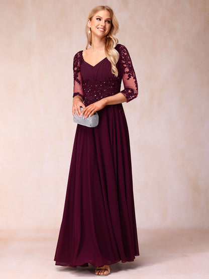 Corte A/Princesa Decote Em V Manga 3/4 Vestidos Longos de Noite Formais com Miçangas