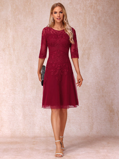 A-Line/Princesa Sheer Neck Meia Manga Curto Vestidos de Noite Formais com Apliques