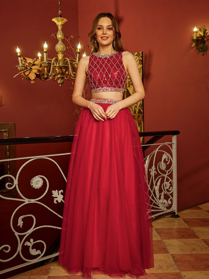Princesa/Formato A Decote Em V Sem Mangas Tule Lantejoulas Longa Vestidos de Baile
