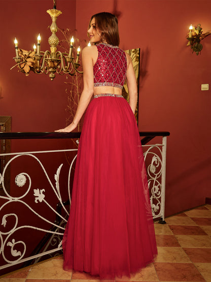 Princesa/Formato A Decote Em V Sem Mangas Tule Lantejoulas Longa Vestidos de Baile