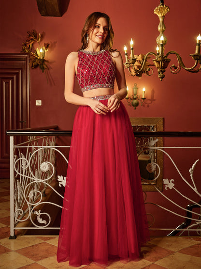 Princesa/Formato A Decote Em V Sem Mangas Tule Lantejoulas Longa Vestidos de Baile