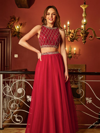 Princesa/Formato A Decote Em V Sem Mangas Tule Lantejoulas Longa Vestidos de Baile
