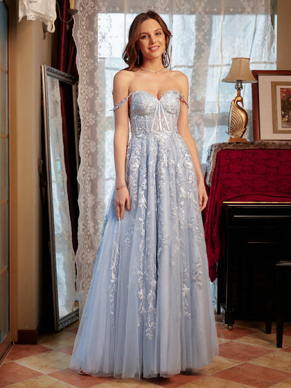 Corte A/Princesa Coração Appliques Tule Longos Vestidos de Baile