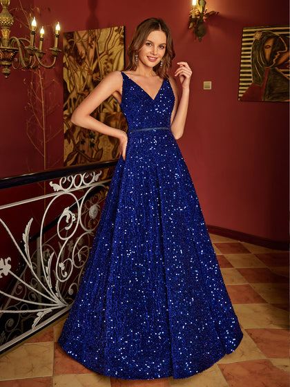 Vestidos de Baile Longos Linha A/Princesa com Decote Em V e Cinto