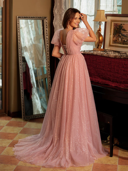 Vestidos de Baile Longos Linha A/Princesa com Decote Em V Divididos Laterais e Laço