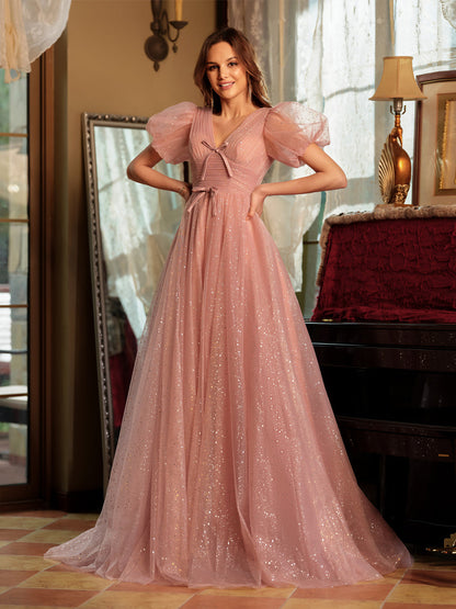 Vestidos de Baile Longos Linha A/Princesa com Decote Em V Divididos Laterais e Laço