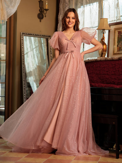 Vestidos de Baile Longos Linha A/Princesa com Decote Em V Divididos Laterais e Laço