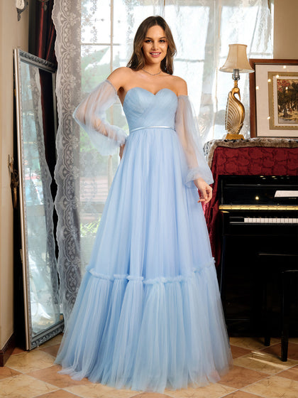 Corte A/Princesa Tule Sweetheart Vestidos de Baile Longos com Cinto