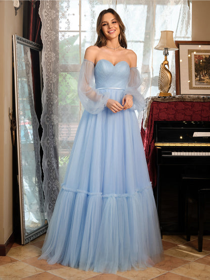 Corte A/Princesa Tule Sweetheart Vestidos de Baile Longos com Cinto