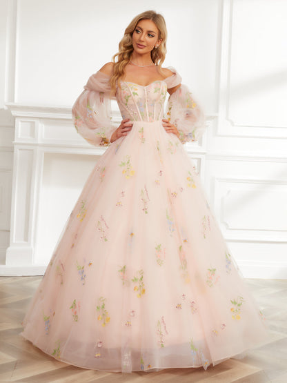 Vestido de Baile Querida Bordado Tule Vestidos de Baile Longos com Xale Destacável e Mangas