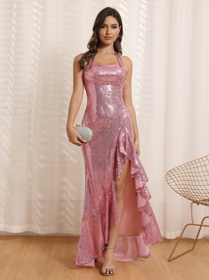 Vestidos Longos de Baile com Gola Halter em Estilo Sereia/Coluna Bordados com Lantejoulas e Fenda Lateral