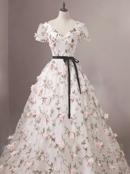 Vestidos de Quinceanera A-Line/Princesa com Decote em V e Flores