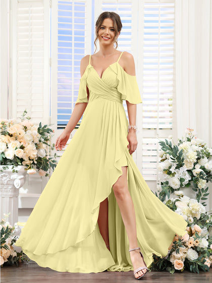 Vestidos de Dama de Honra Em Chiffon Assimétricos com Alças Finas e Decote Em V e Mangas Curtas