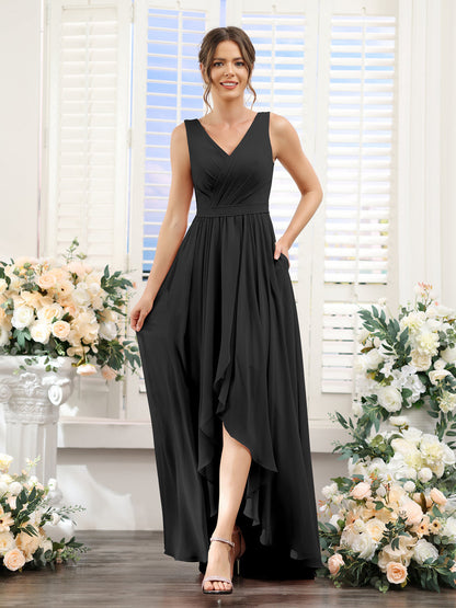Vestidos de Dama de Honra Em Chiffon Assimétricos com Decote Em V Sem Mangas Franzidos