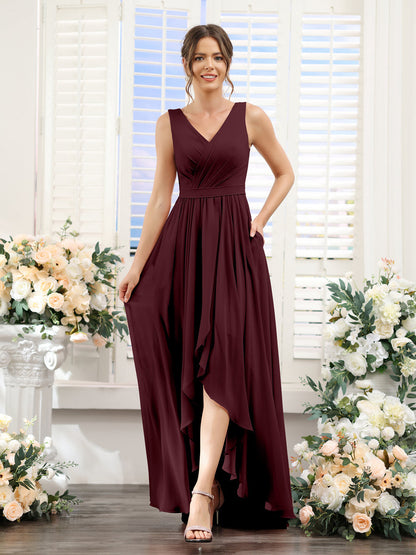 Vestidos de Dama de Honra Em Chiffon Assimétricos com Decote Em V Sem Mangas Franzidos