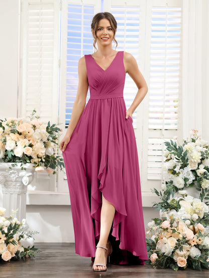 Vestidos de Dama de Honra Em Chiffon Assimétricos com Decote Em V Sem Mangas Franzidos