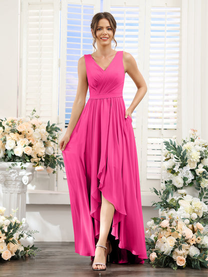 Vestidos de Dama de Honra Em Chiffon Assimétricos com Decote Em V Sem Mangas Franzidos