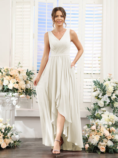 Vestidos de Dama de Honra Em Chiffon Assimétricos com Decote Em V Sem Mangas Franzidos