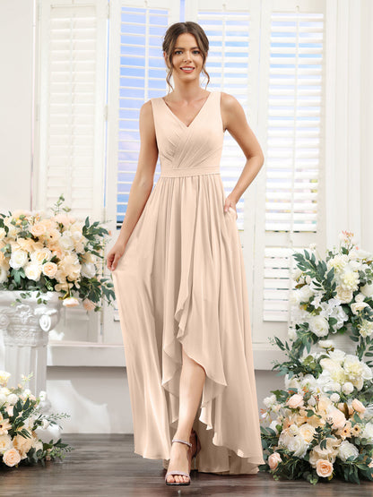 Vestidos de Dama de Honra Em Chiffon Assimétricos com Decote Em V Sem Mangas Franzidos