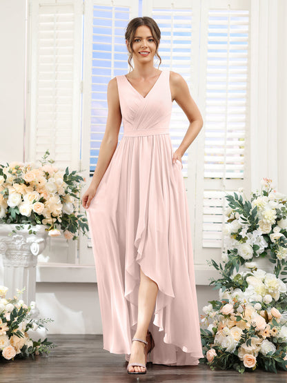 Vestidos de Dama de Honra Em Chiffon Assimétricos com Decote Em V Sem Mangas Franzidos