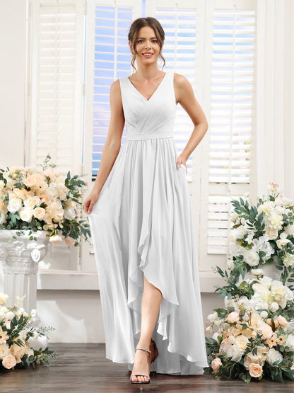 Vestidos de Dama de Honra Em Chiffon Assimétricos com Decote Em V Sem Mangas Franzidos