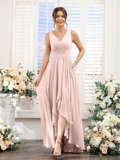 Vestidos de Dama de Honra Em Chiffon Assimétricos com Decote Em V Sem Mangas Franzidos
