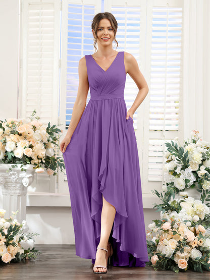 Vestidos de Dama de Honra Em Chiffon Assimétricos com Decote Em V Sem Mangas Franzidos