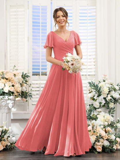 Vestidos de Dama de Honra Em Chiffon com Babados e Mangas Curtas com Decote Em V Evasê
