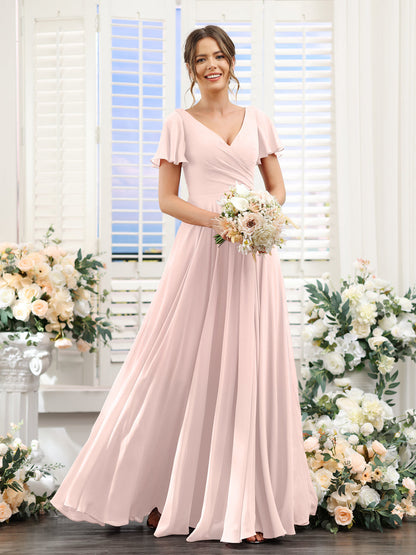 Vestidos de Dama de Honra Em Chiffon com Babados e Mangas Curtas com Decote Em V Evasê
