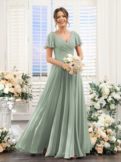Vestidos de Dama de Honra Em Chiffon com Babados e Mangas Curtas com Decote Em V Evasê