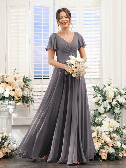 Vestidos de Dama de Honra Em Chiffon com Babados e Mangas Curtas com Decote Em V Evasê