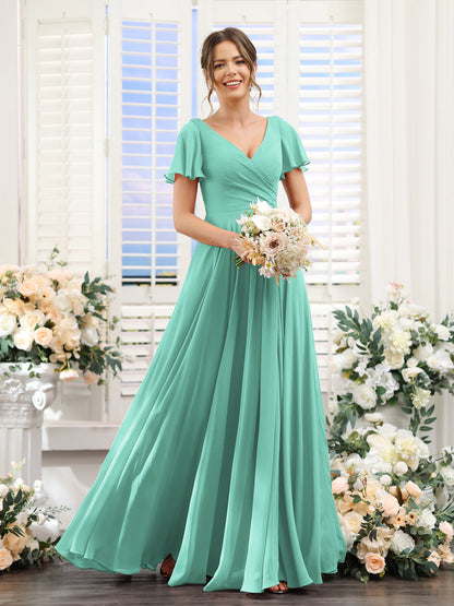 Vestidos de Dama de Honra Em Chiffon com Babados e Mangas Curtas com Decote Em V Evasê
