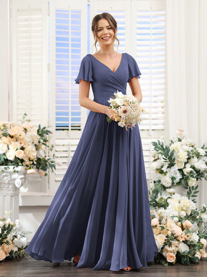 Vestidos de Dama de Honra Em Chiffon com Babados e Mangas Curtas com Decote Em V Evasê