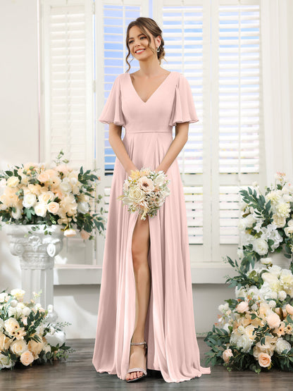 Vestidos de Dama de Honra Em Chiffon com Decote Em V e Mangas Curtas com Babados Laterais Divididos
