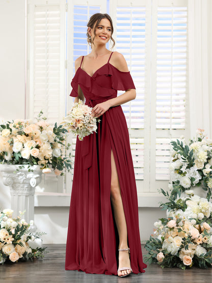 Vestidos de Dama de Honra Em Chiffon com Alças Finas e Decote Em V com Bolsos