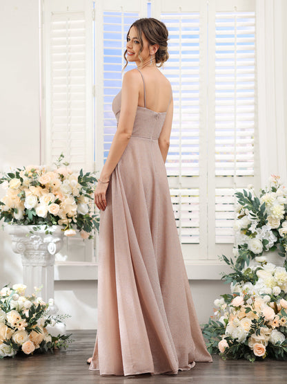 Vestidos de Baile Longos Em Lurex Metálico com Decote Em V e Alças Finas