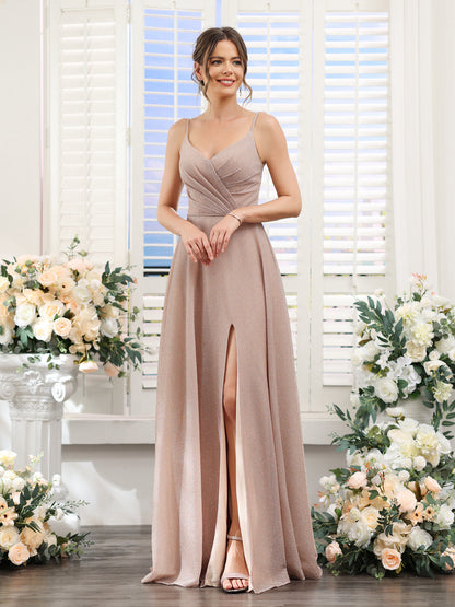 Vestidos de Baile Longos Em Lurex Metálico com Decote Em V e Alças Finas