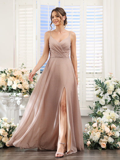 Vestidos de Baile Longos Em Lurex Metálico com Decote Em V e Alças Finas