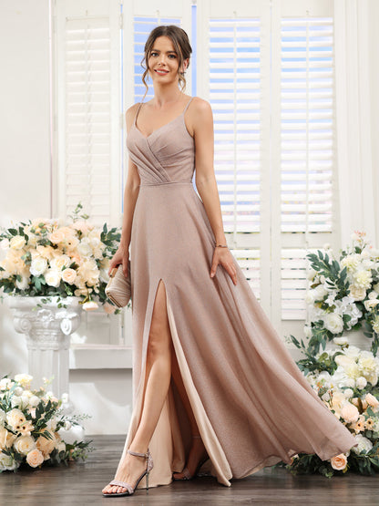 Vestidos de Baile Longos Em Lurex Metálico com Decote Em V e Alças Finas