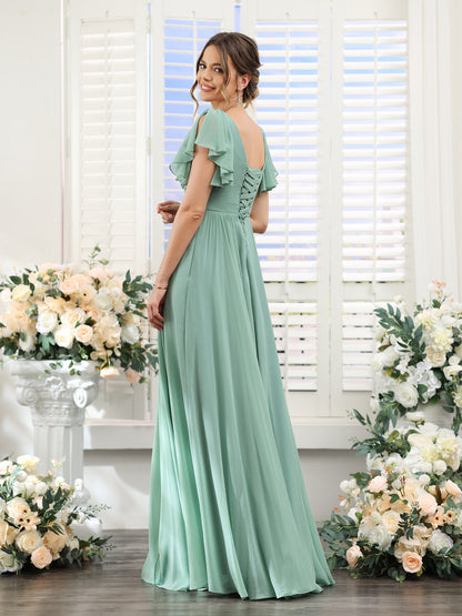Vestidos de Dama de Honra Evasê com Decote Em V e Mangas Curtas Em Chiffon Dividido com Bolsos