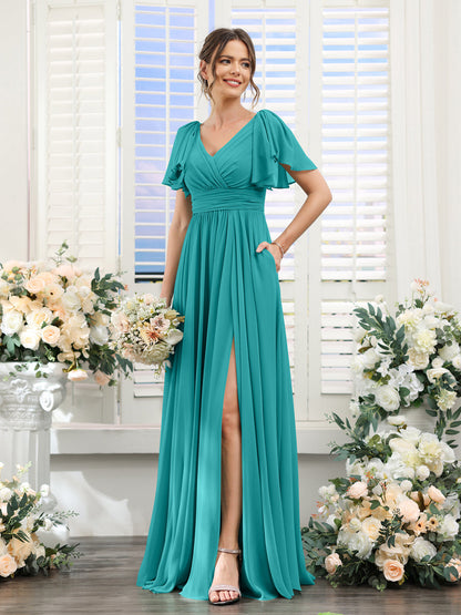 Vestidos de Dama de Honra Evasê com Decote Em V e Mangas Curtas Em Chiffon Dividido com Bolsos