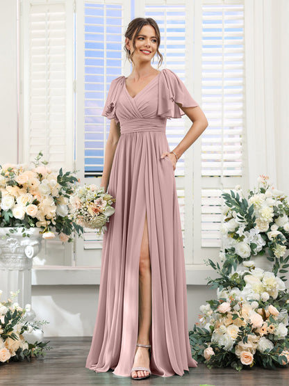 Vestidos de Dama de Honra Evasê com Decote Em V e Mangas Curtas Em Chiffon Dividido com Bolsos