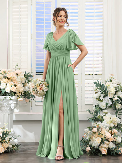 Vestidos de Dama de Honra Evasê com Decote Em V e Mangas Curtas Em Chiffon Dividido com Bolsos