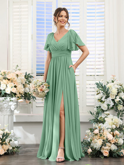 Vestidos de Dama de Honra Evasê com Decote Em V e Mangas Curtas Em Chiffon Dividido com Bolsos