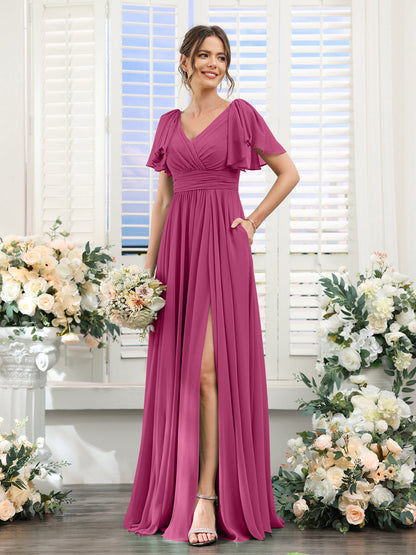 Vestidos de Dama de Honra Evasê com Decote Em V e Mangas Curtas Em Chiffon Dividido com Bolsos