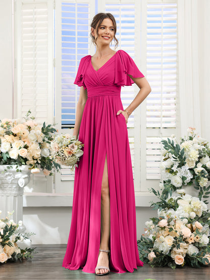 Vestidos de Dama de Honra Evasê com Decote Em V e Mangas Curtas Em Chiffon Dividido com Bolsos
