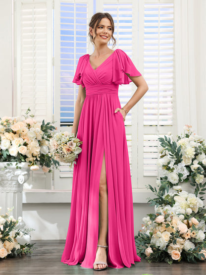 Vestidos de Dama de Honra Evasê com Decote Em V e Mangas Curtas Em Chiffon Dividido com Bolsos