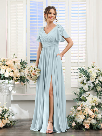 Vestidos de Dama de Honra Evasê com Decote Em V e Mangas Curtas Em Chiffon Dividido com Bolsos