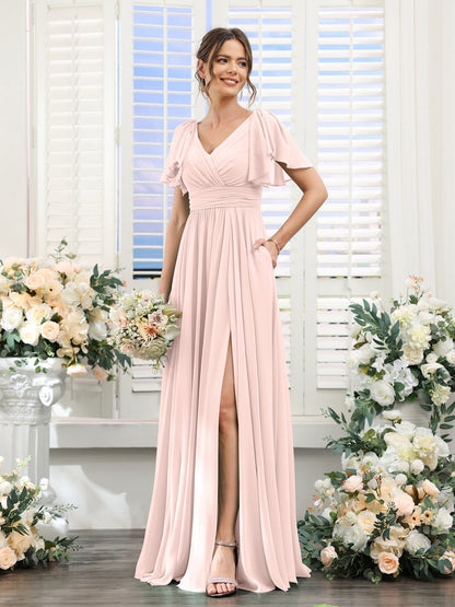 Vestidos de Dama de Honra Evasê com Decote Em V e Mangas Curtas Em Chiffon Dividido com Bolsos